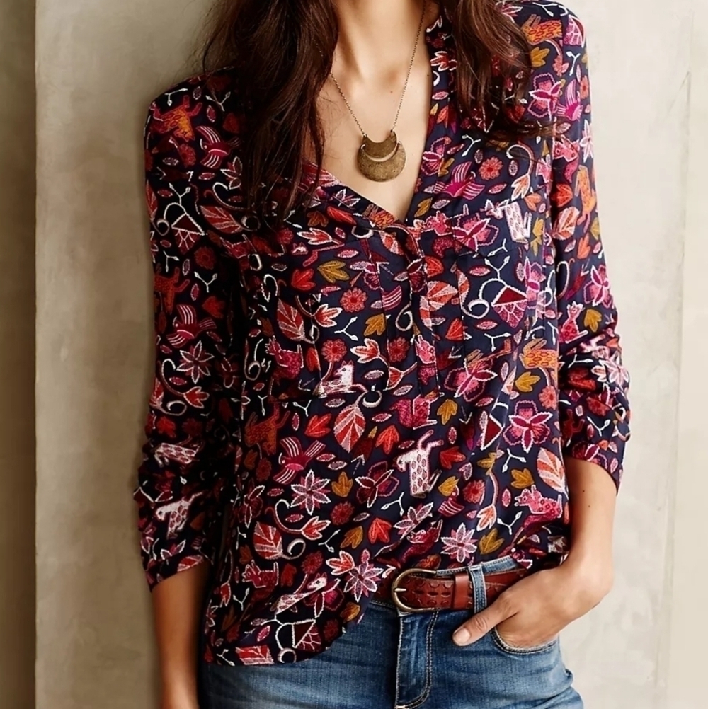 Anthropologie Maeve Moonflower Henley Blouse 0